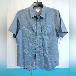 Vans Men's Classic Fit Short Sleeve Chambray Shirt Fish Print Blue Size L
